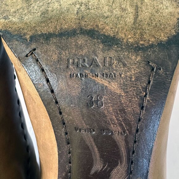 Vintage Prada Stivali Camel Leather Boot 7.5/38 Italian Kitten Heel Back Zip Y2K - Picture 12 of 14